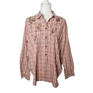 Vintage Size XL 80's Plaid Fall Shirt Embroidered Button-Up Floral & Leaf Design